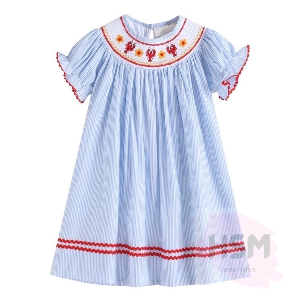 🦞Smocked Pinstriped Crawfish Bishop Embroidery Blue Dress 1522
